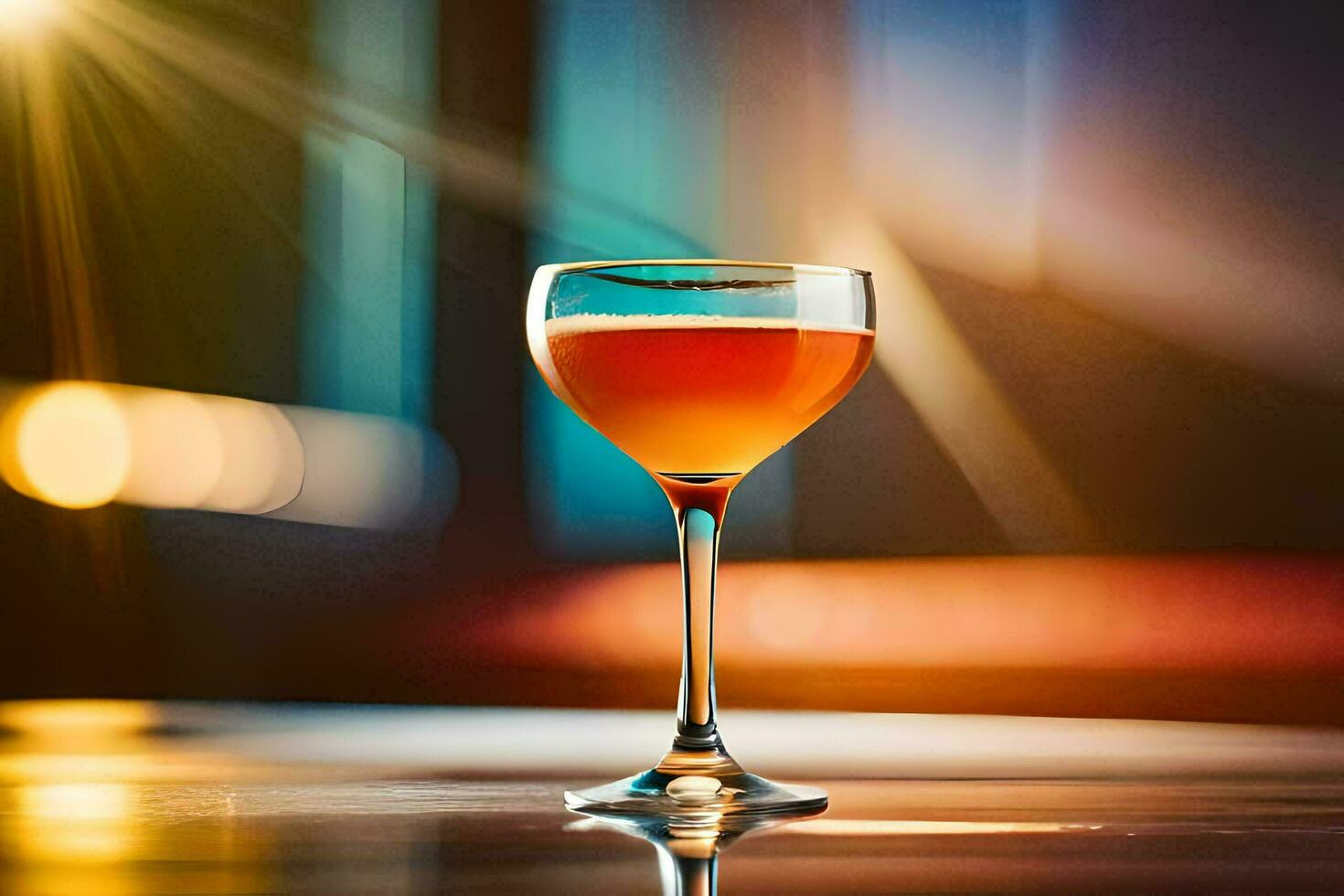 a cocktail sitting on a table in front of a window. AI-Generated photo