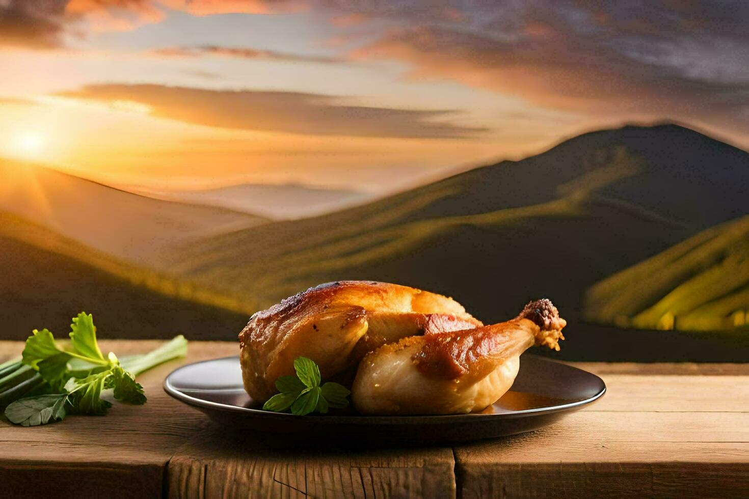 chicken on a plate with mountain view. AI-Generated photo