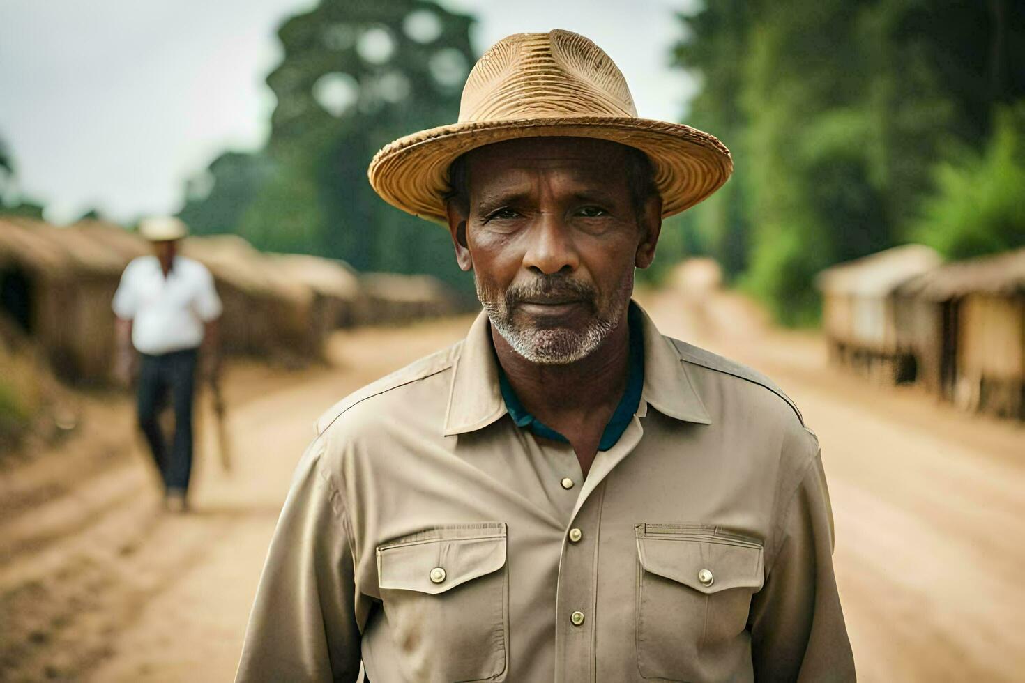 a man in a hat stands on a dirt road. AI-Generated photo