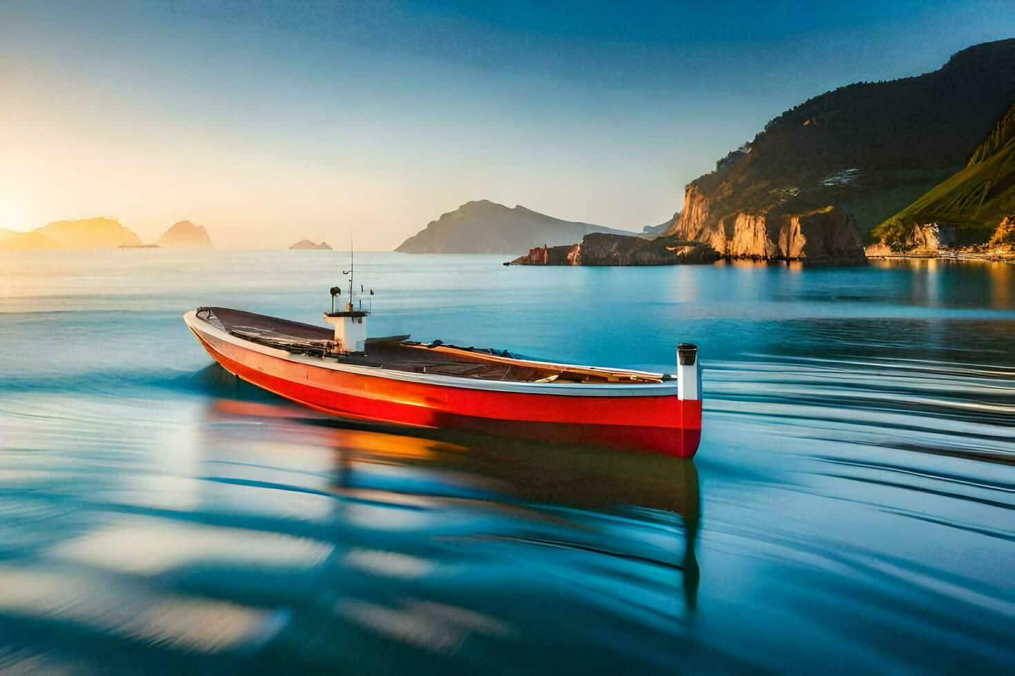 un rojo barco flotante en el Oceano a puesta de sol. generado por ai foto