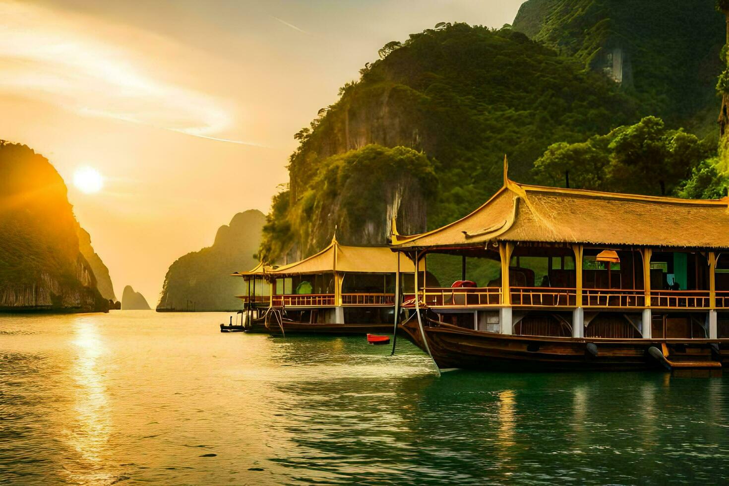 el dorado años de halong bahía. generado por ai foto