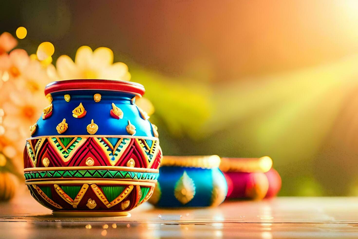 colorful diyas on a table with bright sunlight. AI-Generated photo