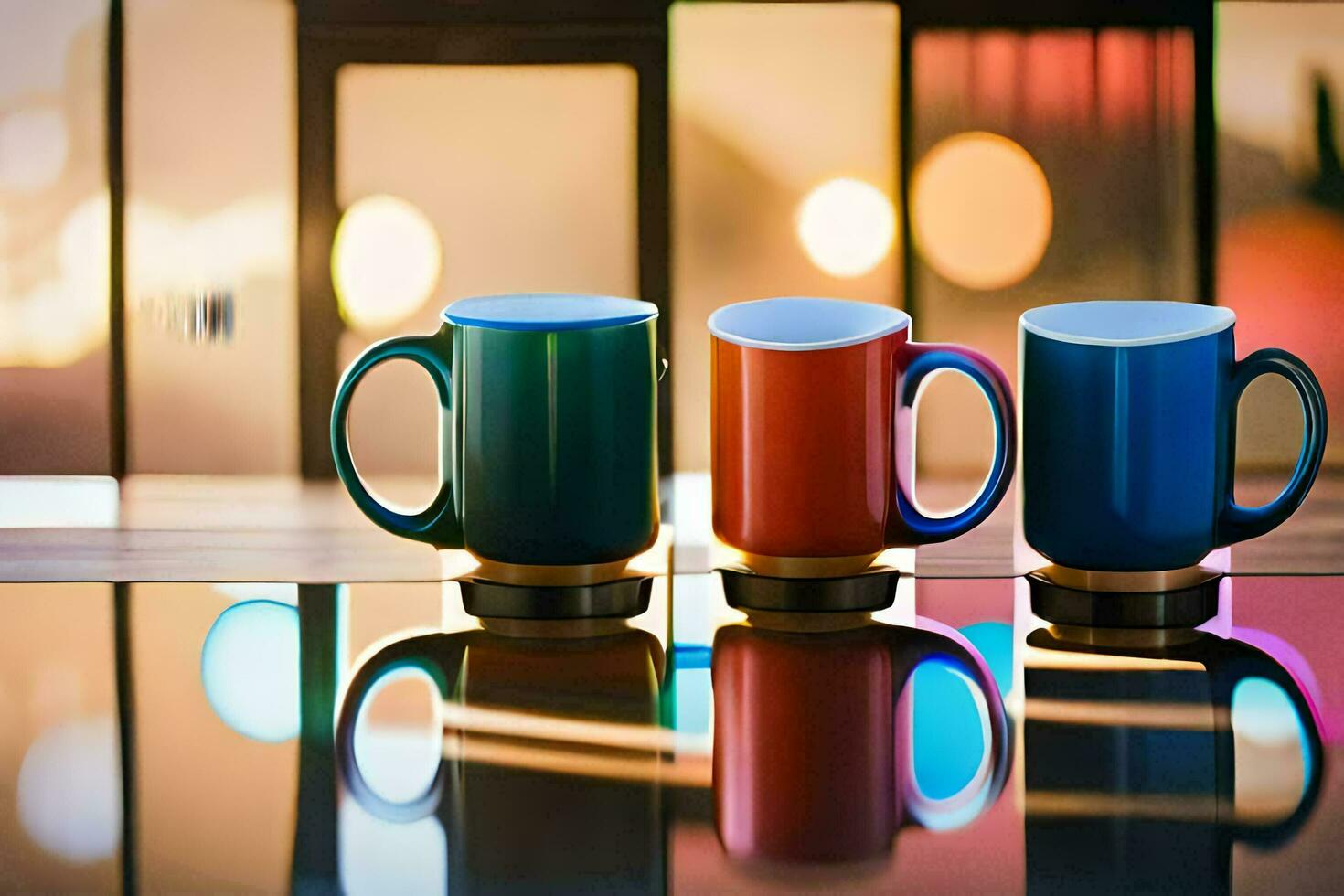 three colorful coffee mugs sit on a table. AI-Generated photo