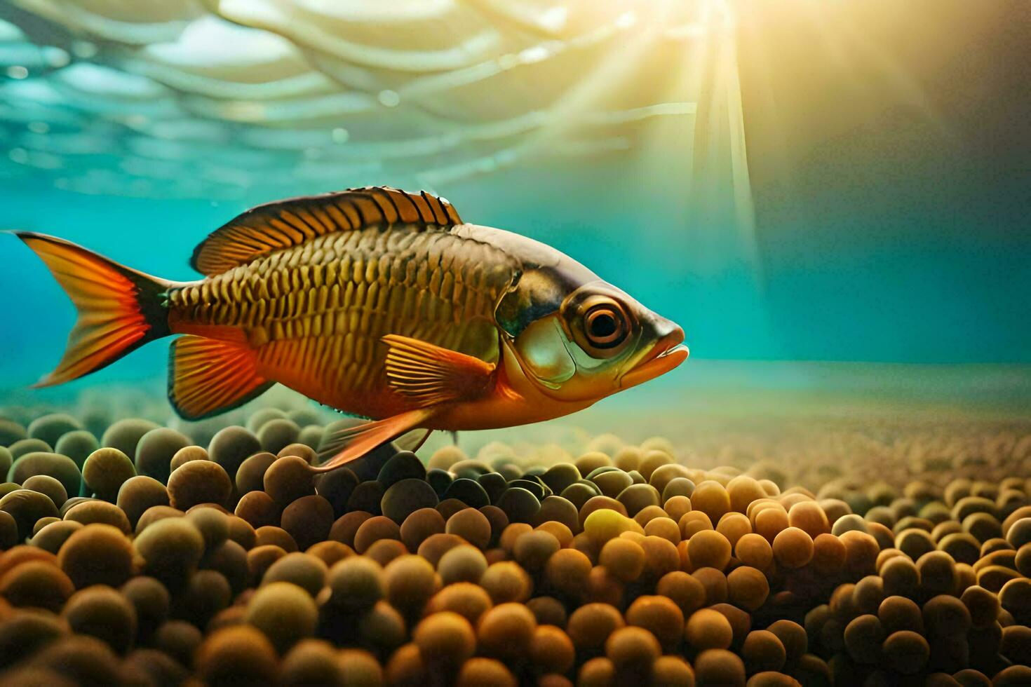 a fish swimming in a sea of small fish. AI-Generated photo