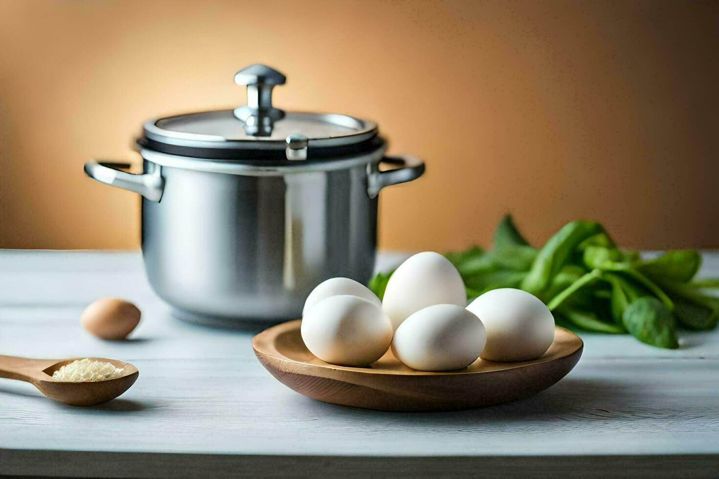 eggs on a wooden plate next to a pot. AI-Generated photo