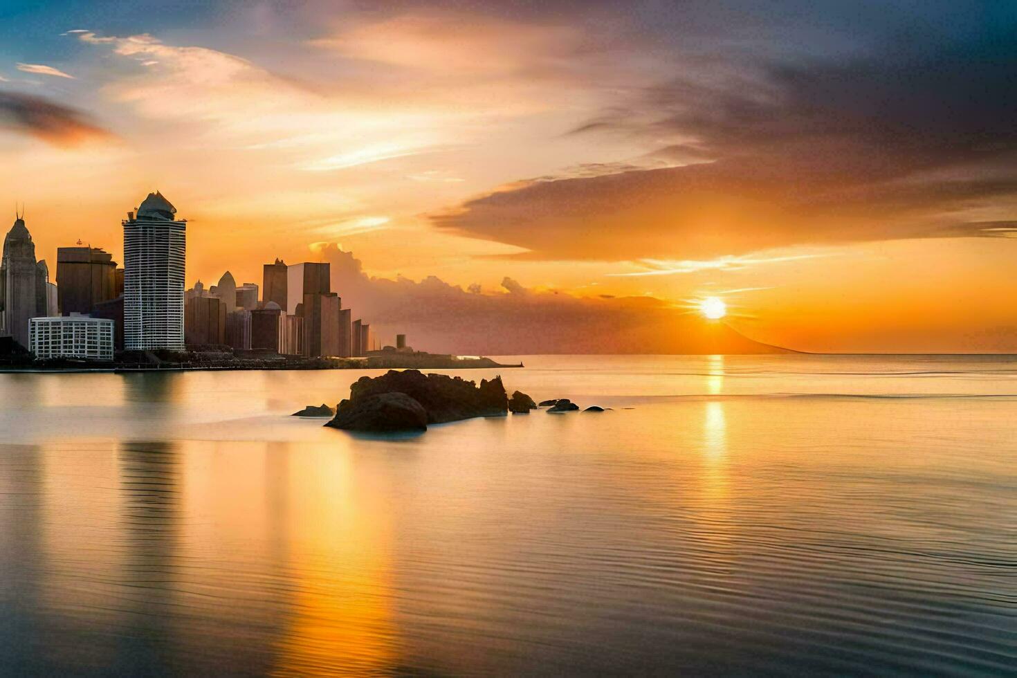 the sun sets over the city skyline in this photo. AI-Generated photo