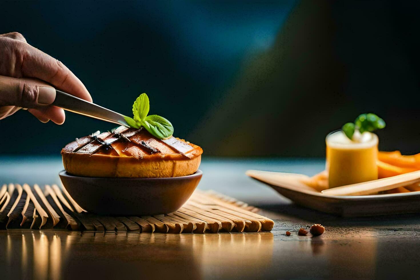 a person cutting into a pie with a knife. AI-Generated photo