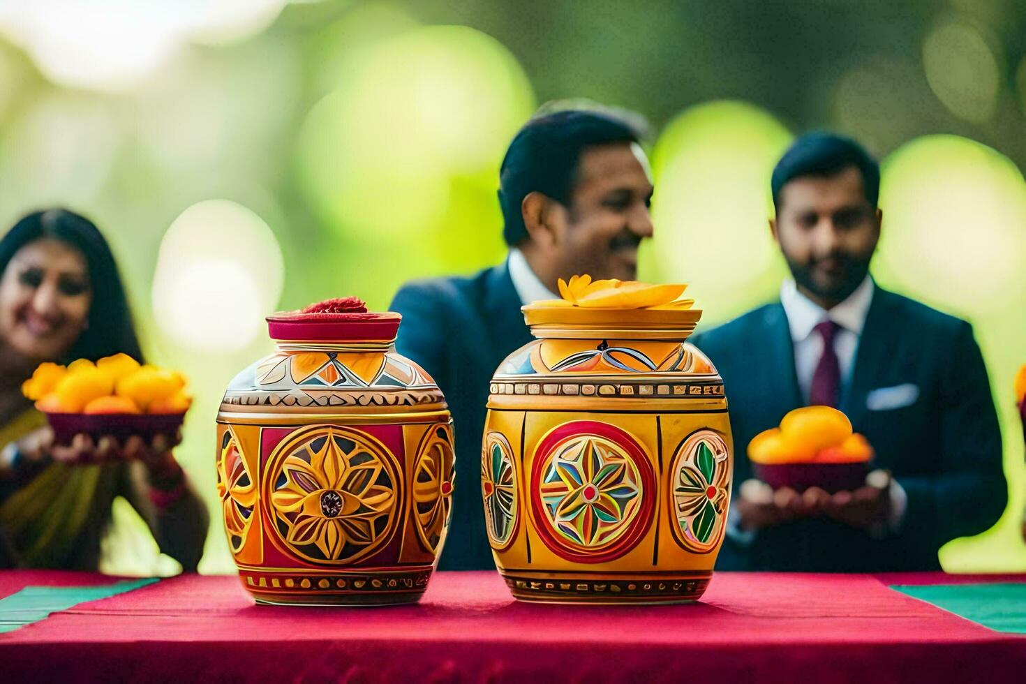 a couple is holding a pot with orange and yellow decorations. AI-Generated photo