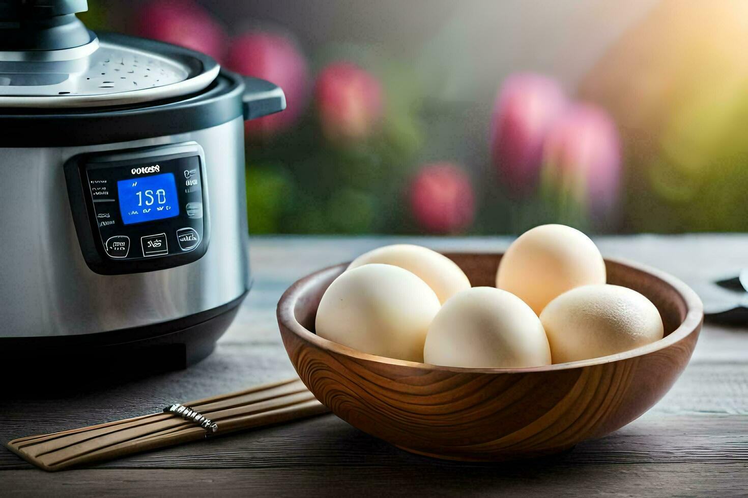 an instant pot and eggs on a table. AI-Generated photo