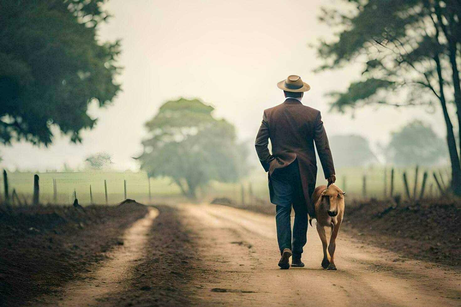 a man walking his dog down a dirt road. AI-Generated photo