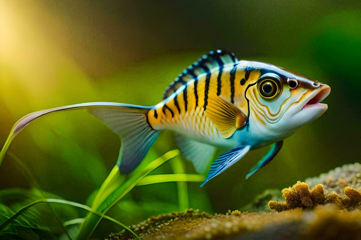 a fish with a yellow and black body is swimming in the water. AI-Generated photo