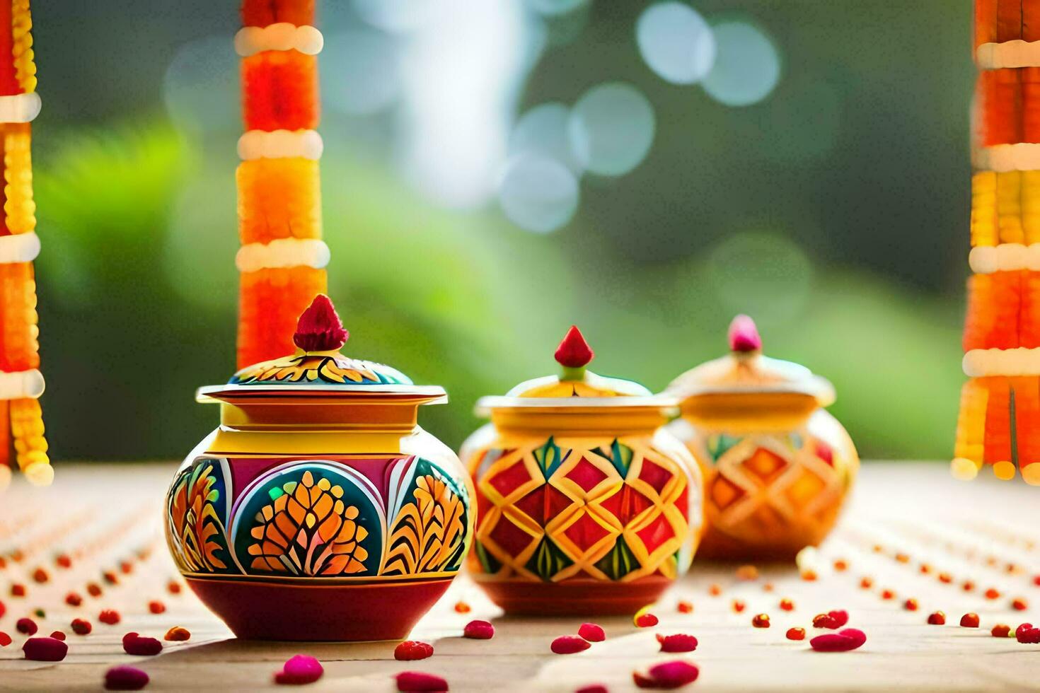 three colorful pots on a table with red and yellow decorations. AI-Generated photo