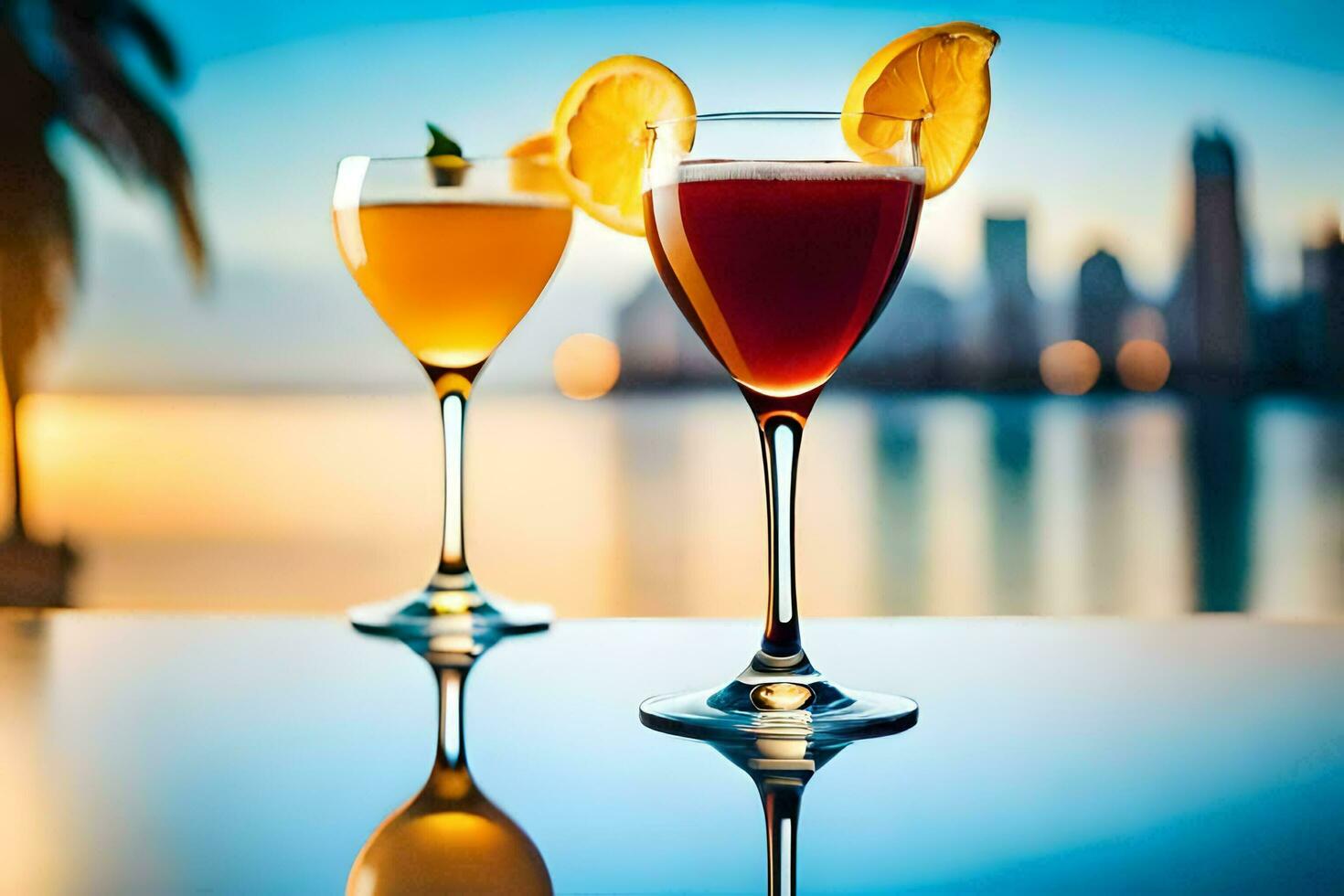 two glasses of cocktails with orange slices on the table. AI-Generated photo