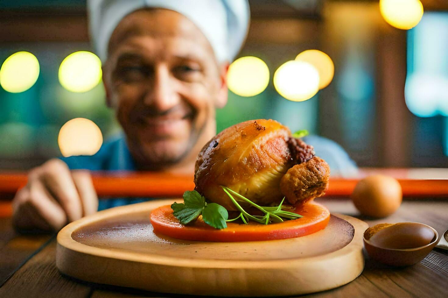 cocinero sonriente con un asado pollo en un de madera lámina. generado por ai foto