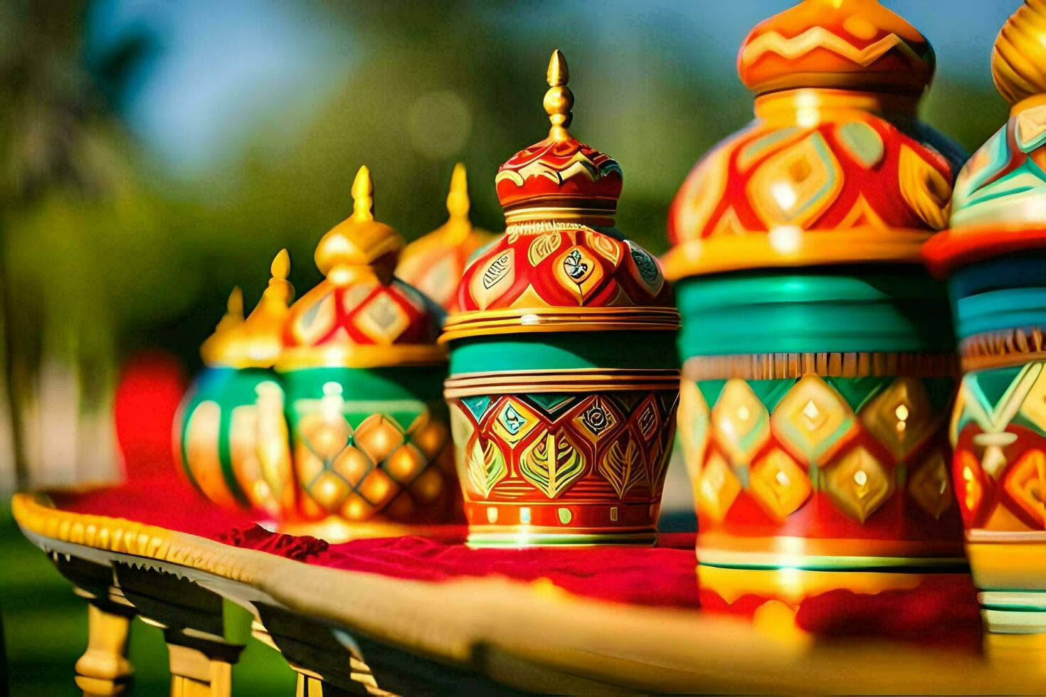 colorful vases on a table with a green background. AI-Generated photo