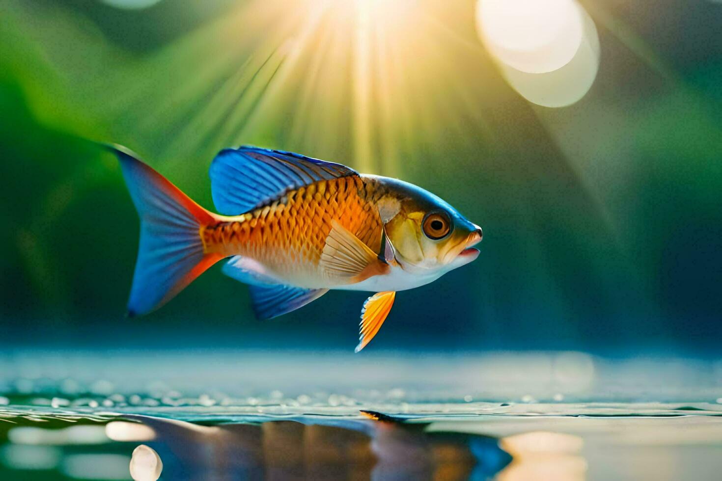 a fish is floating in the water with sunlight shining through the water. AI-Generated photo