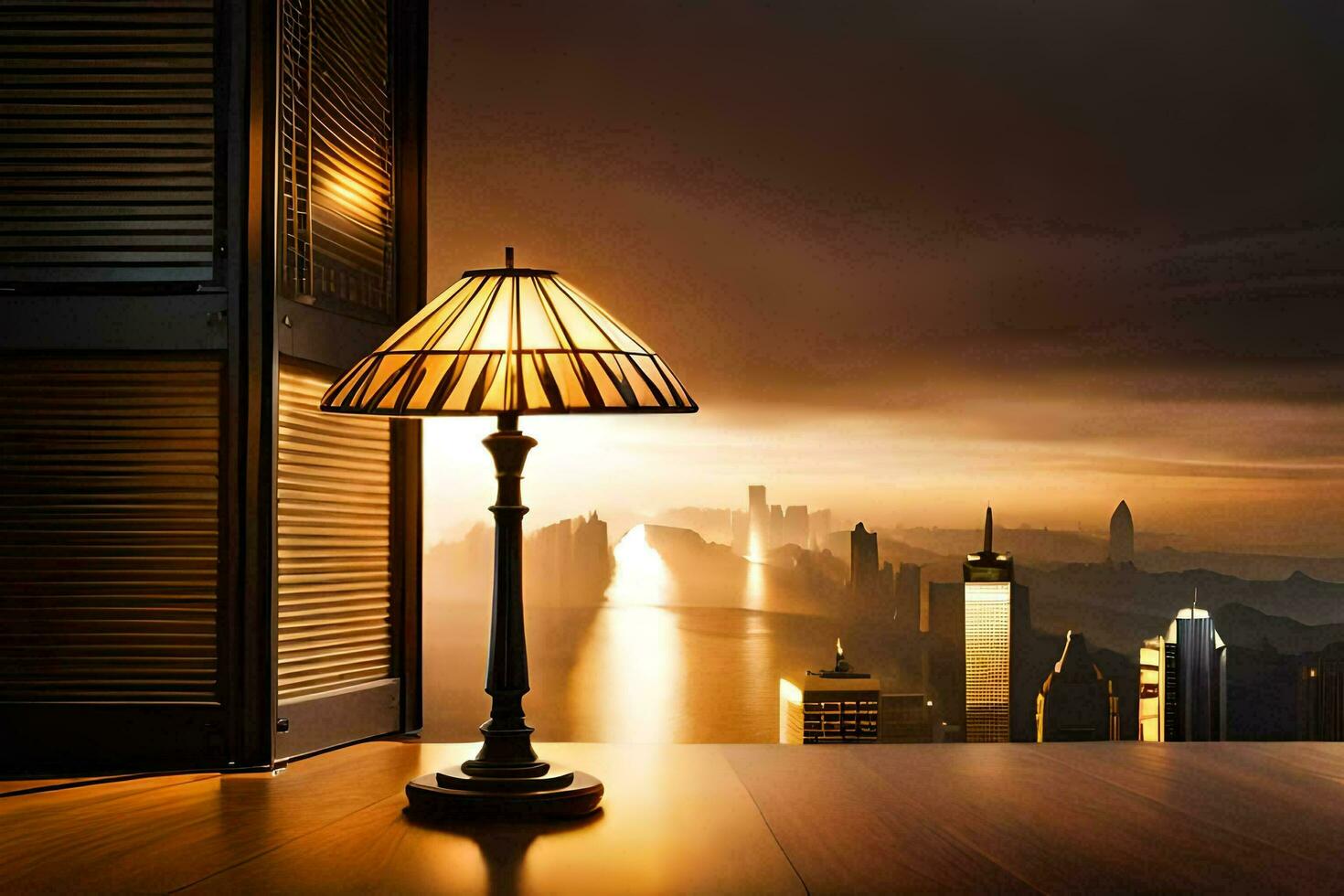 a lamp is sitting on a table in front of a window. AI-Generated photo