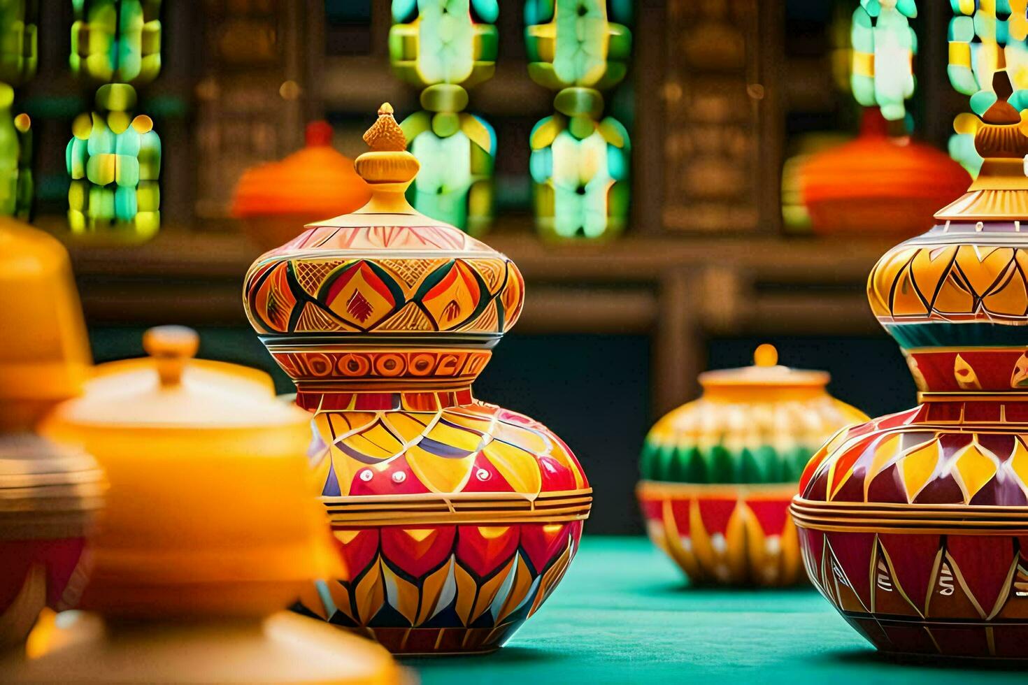 colorful vases are on display in a room. AI-Generated photo