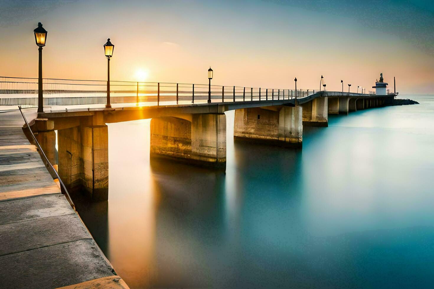 the pier at sunset with a lighthouse in the background. AI-Generated photo