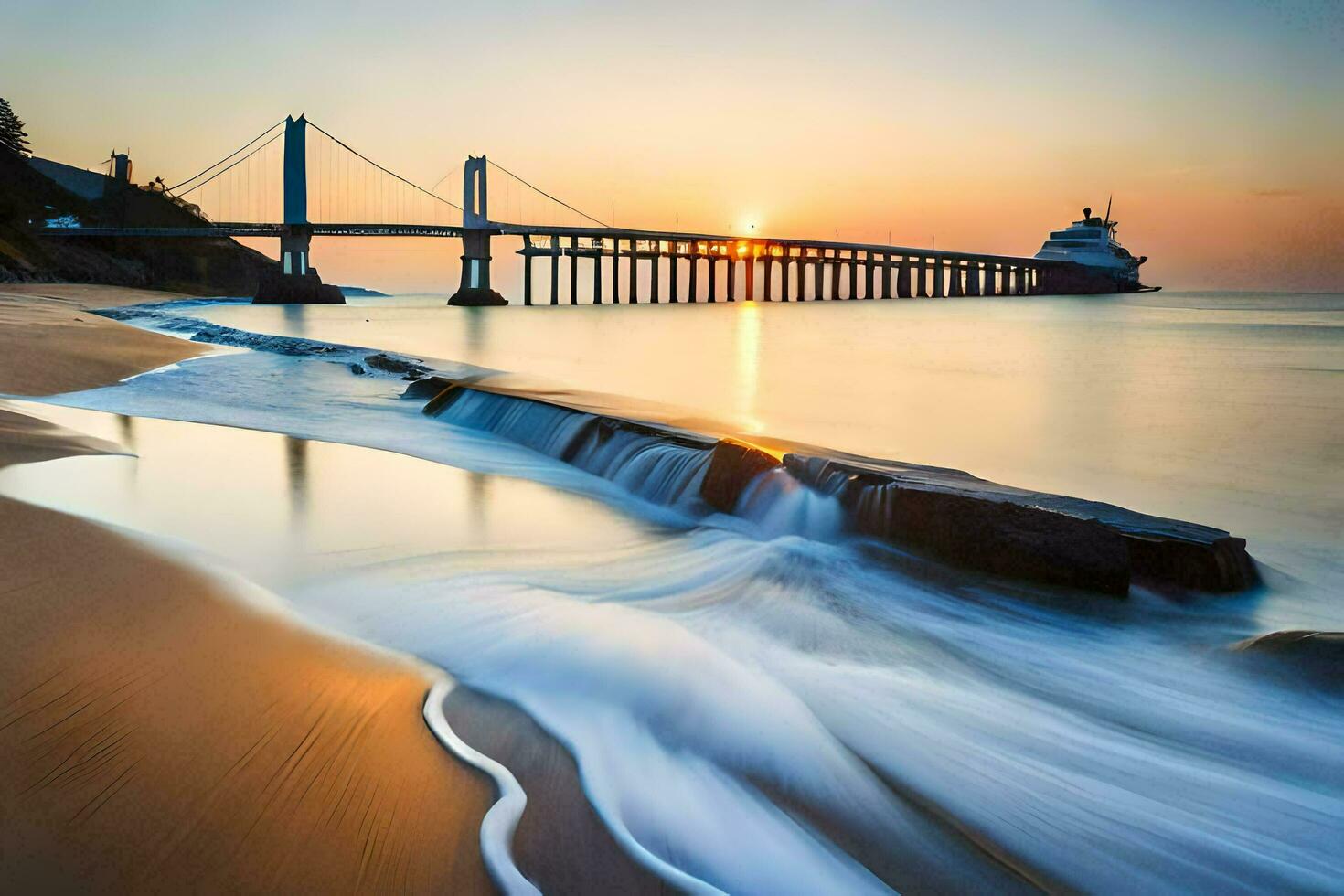 a long exposure photograph of a bridge and a beach at sunset. AI-Generated photo