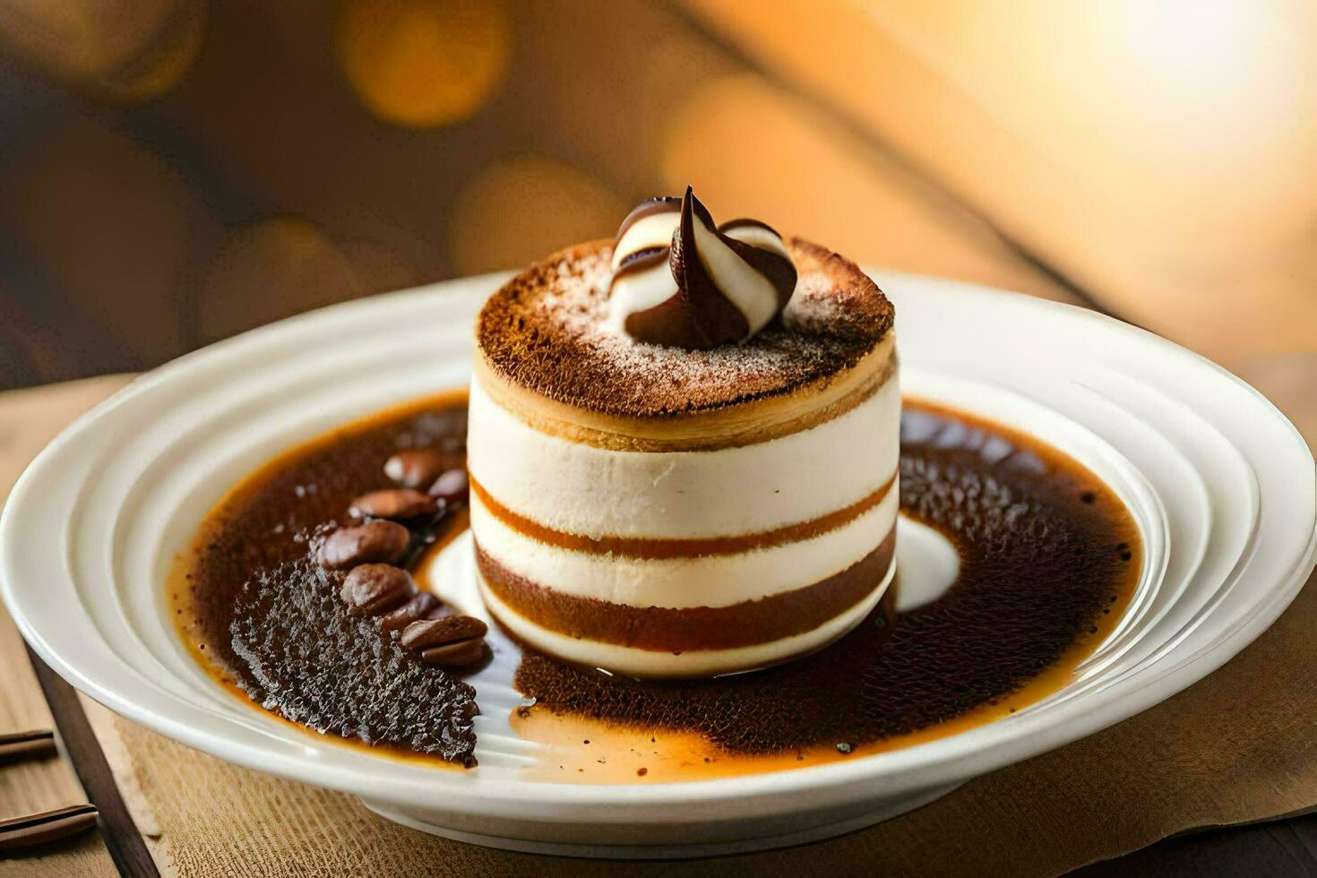 a dessert on a plate with chocolate and caramel. AI-Generated photo