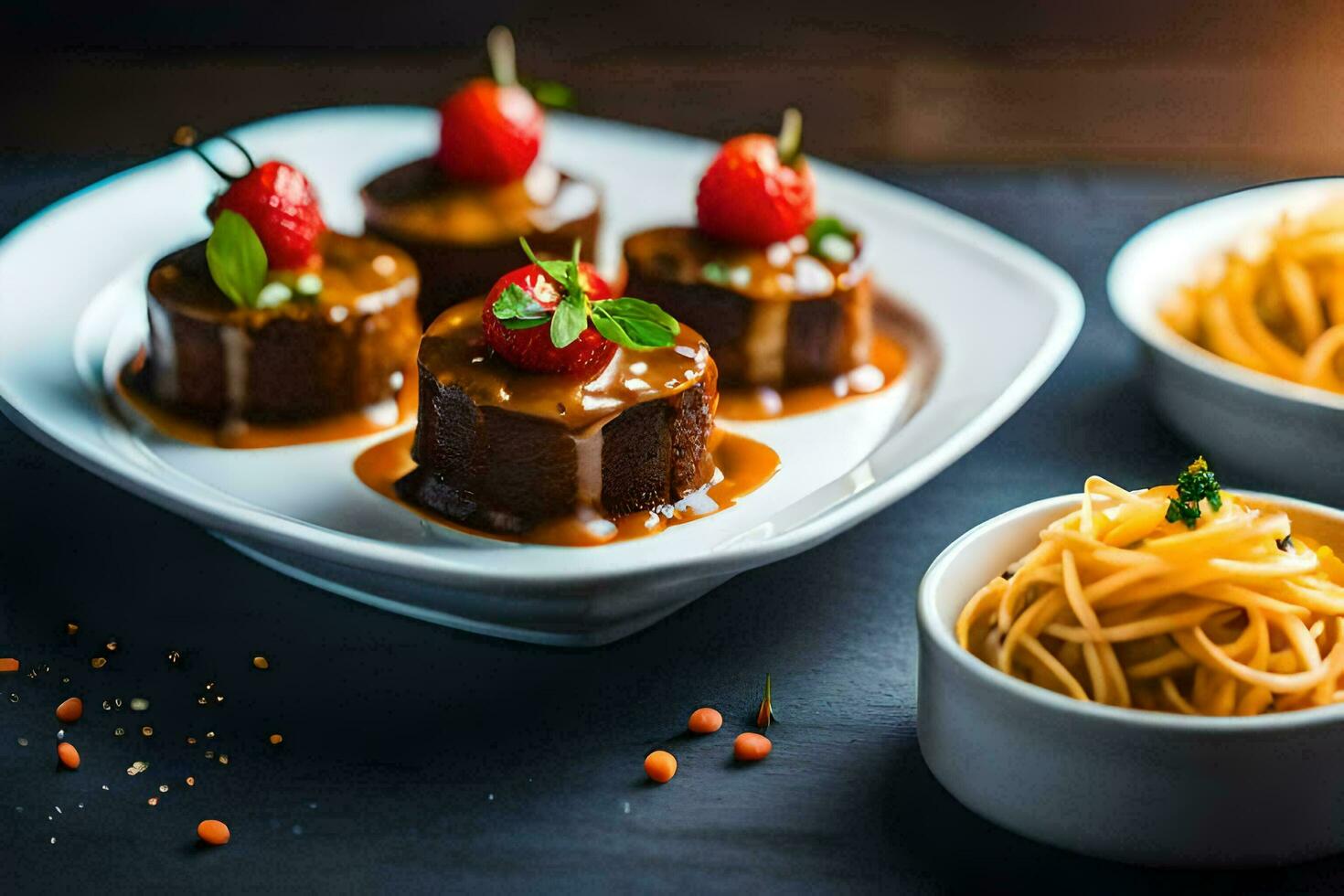 small desserts with sauce and strawberries on a plate. AI-Generated photo