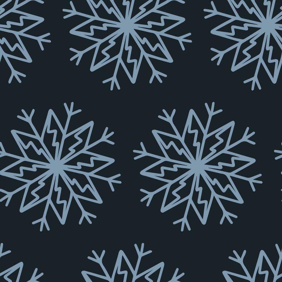 Christmas seamless pattern with snowflakes isolated on dark background. Happy new year wallpaper and wrapper for seasonal design, textile, decoration, greeting card. Hand drawn prints and doodle. vector