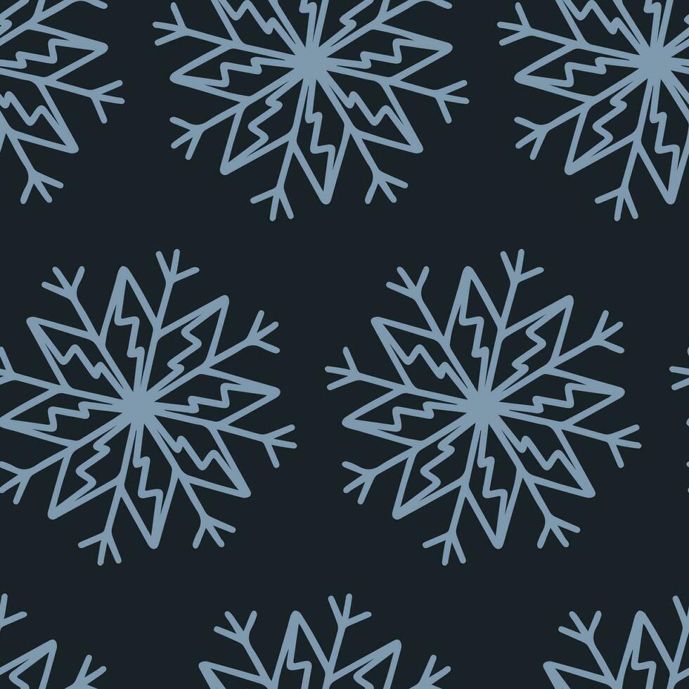 Navidad de patrones sin fisuras con copos de nieve aislado sobre fondo oscuro. Feliz año nuevo papel tapiz y envoltorio para diseño de temporada, textil, decoración, tarjeta de felicitación. impresiones dibujadas a mano y garabatos. vector