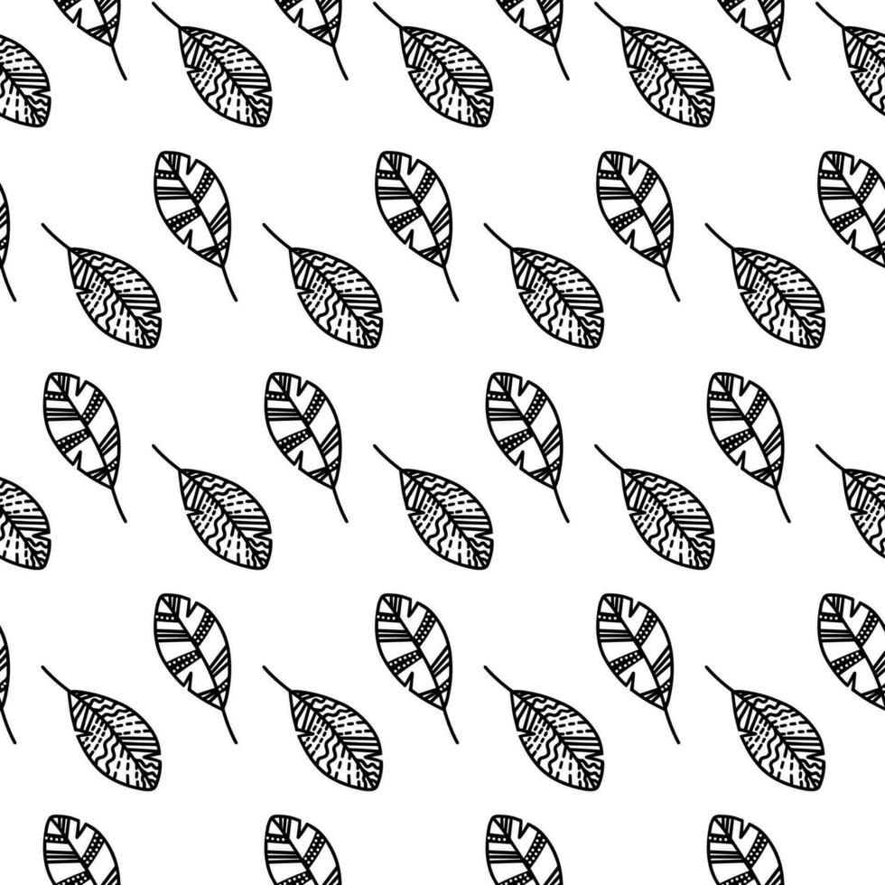 Vector hand drawn autumn seamless pattern leaves isolated on white background. Doodle fall leaves for seasonal design, textile, greeting card, wrap in line art style. Adult and kids coloring page