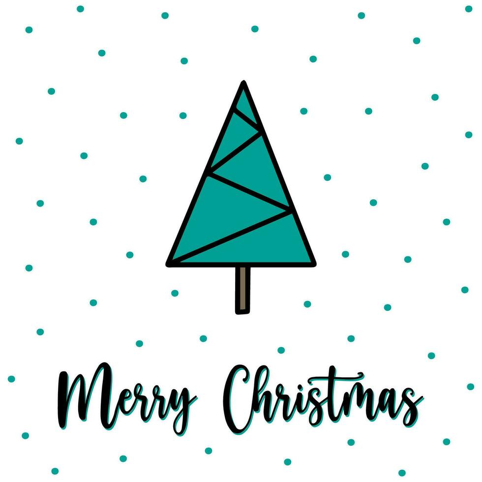 geométrico Navidad árbol saludo tarjeta con alegre Navidad letras. mano dibujado minimalista geométrico Navidad árbol, nevada en antecedentes. moderno Delgado línea Navidad árbol en geométrico estilo vector