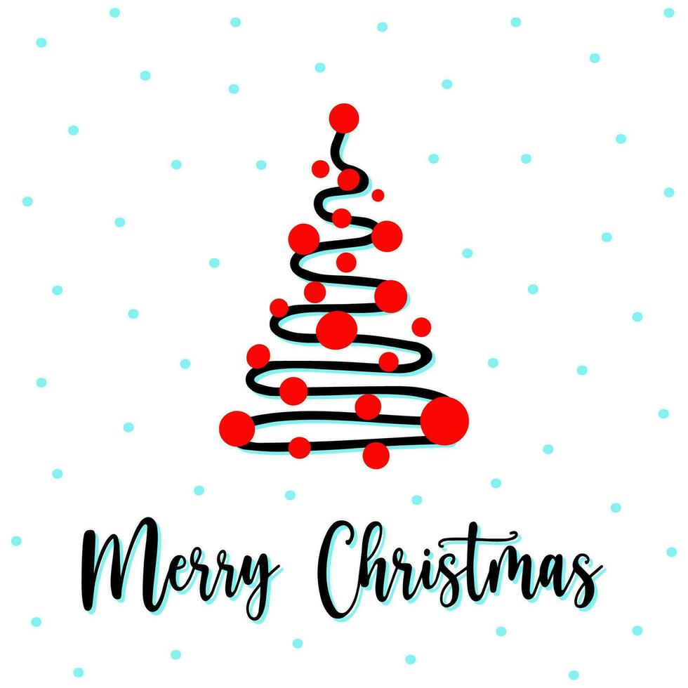 Wavy zigzag xmas tree greeting card with Merry Christmas lettering. Hand drawn wavy zigzag spruce decorated red garlands. Doodle wavy zigzag fir tree with snowfall for typography, textile. wavy zigzag vector