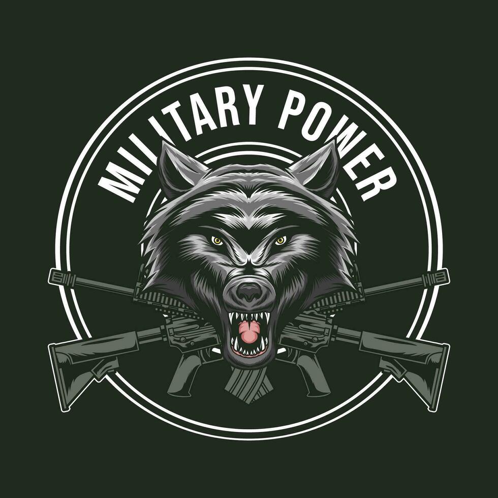militar poder logo diseño con lobo cabeza vector