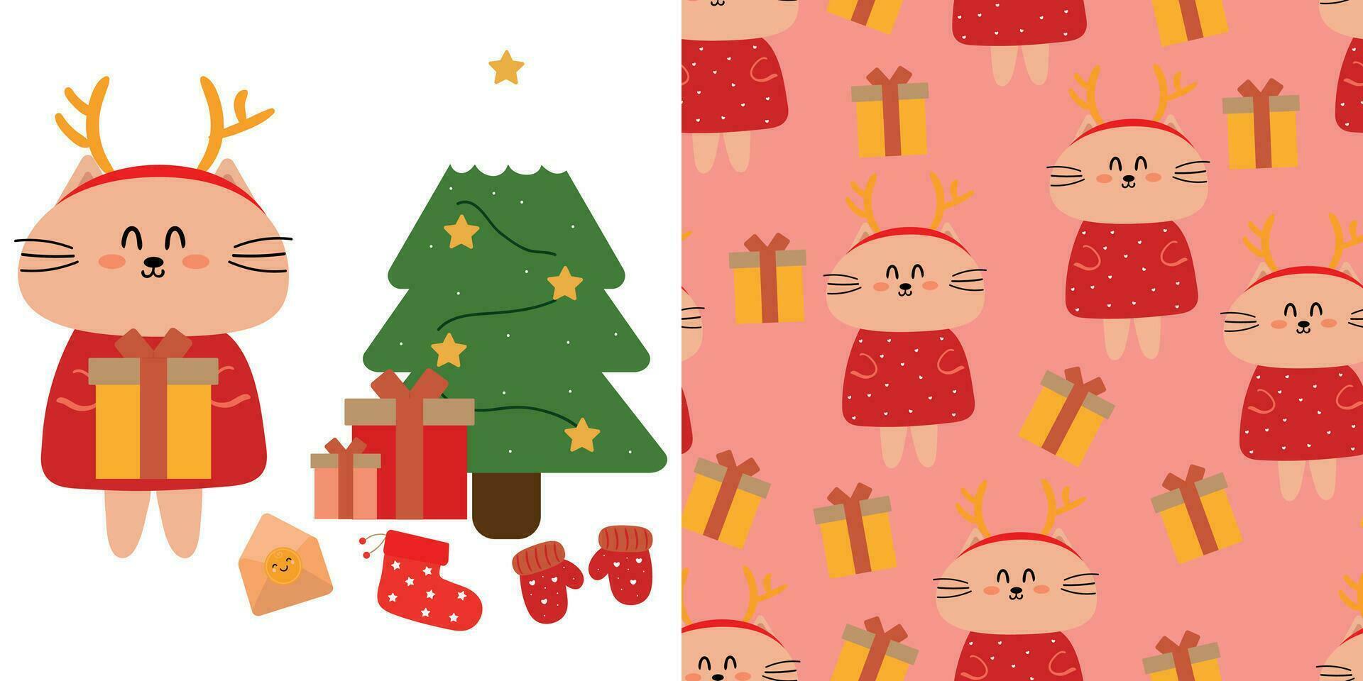 Hand drawn illustration and seamless pattern with cute cartoon cats vector