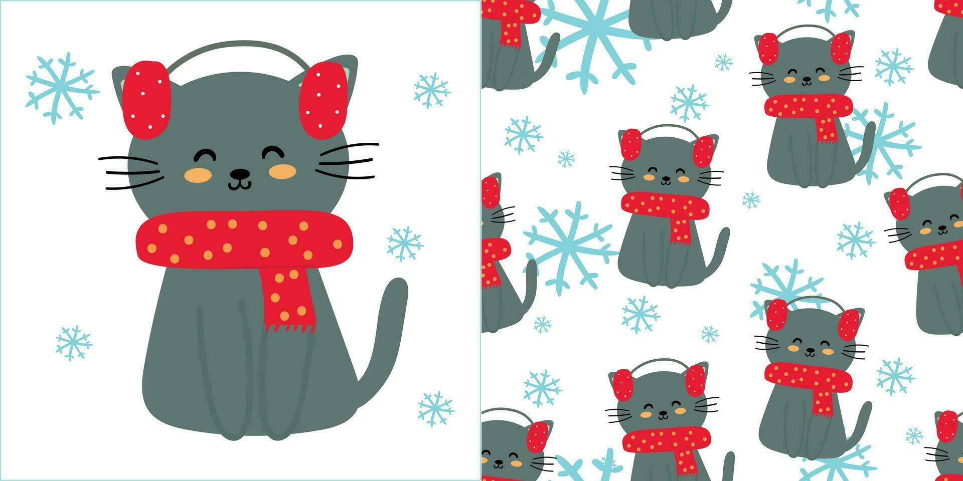 mano dibujado ilustración y sin costura modelo con dibujos animados gatos vistiendo bufandas invierno y Navidad elementos vector