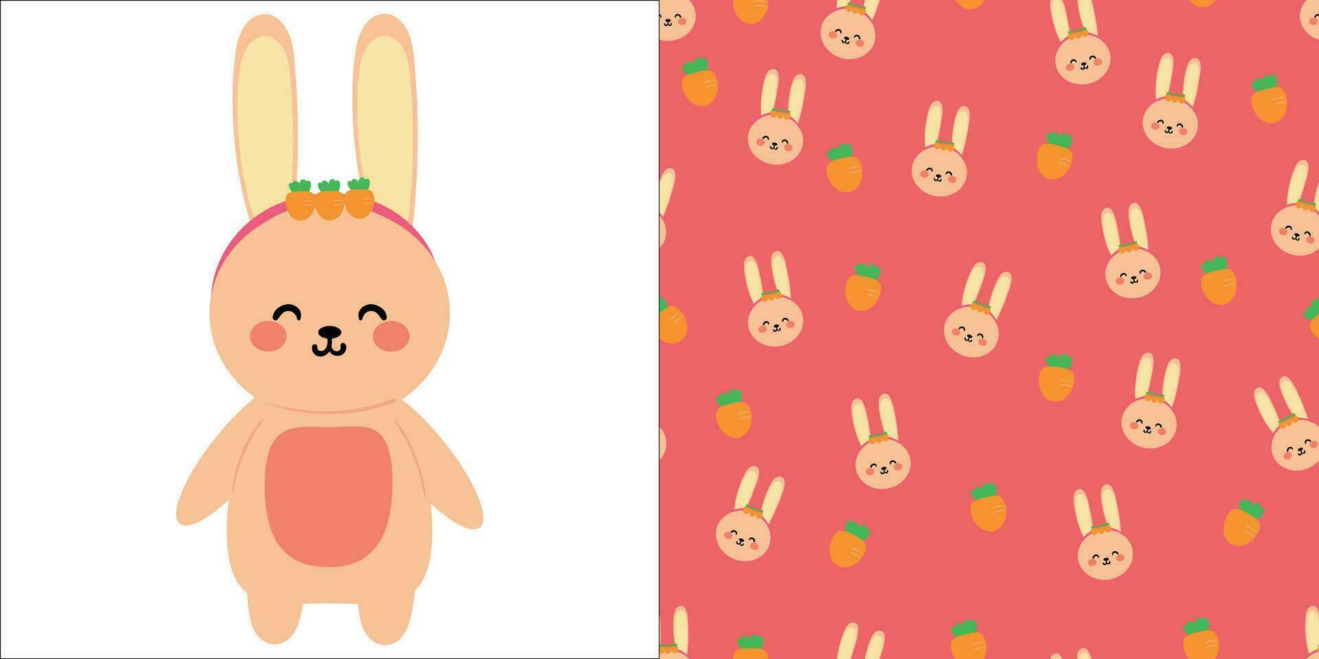 Hand drawn illustration and seamless pattern with cute cartoon rabbits vector