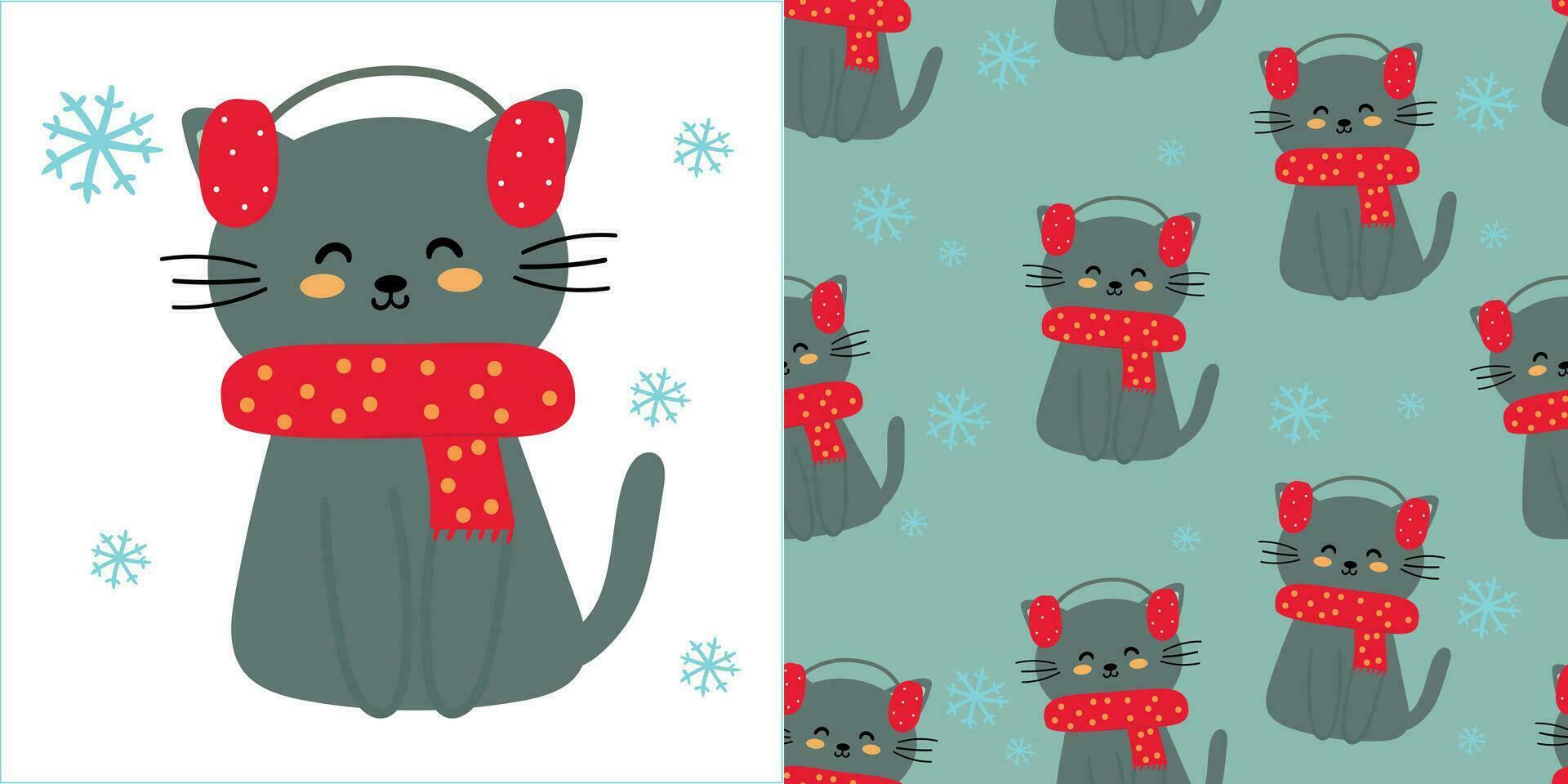 mano dibujado ilustración y sin costura modelo con dibujos animados gatos vistiendo bufandas invierno y Navidad elementos vector