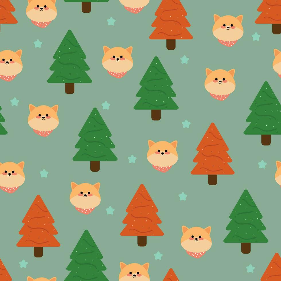 Cute cartoon fox and Christmas tree seamless pattern, with Christmas illustration. cute animal wallpaper for wrapping paper vector