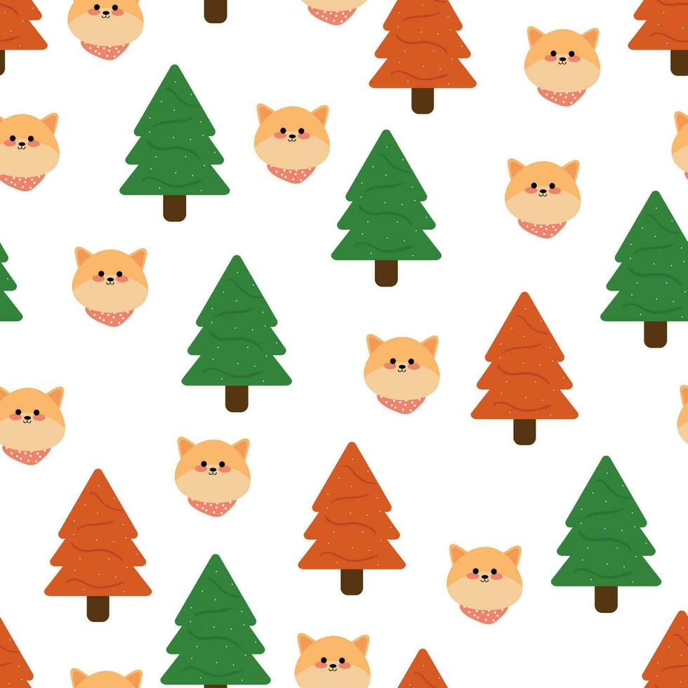 Cute cartoon fox and Christmas tree seamless pattern, with Christmas illustration. cute animal wallpaper for wrapping paper vector