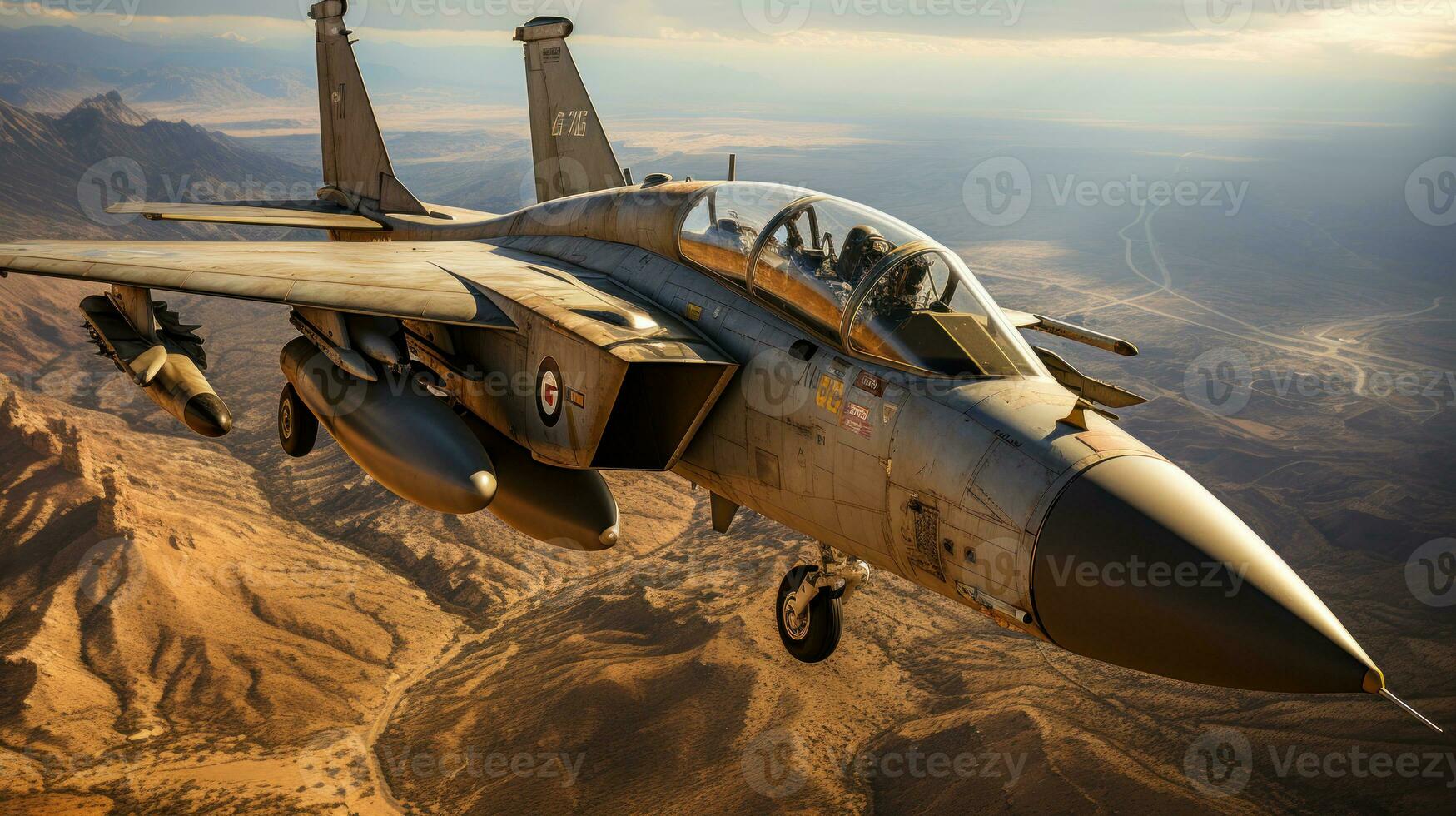 Jet fighter in flight over the desert. photo