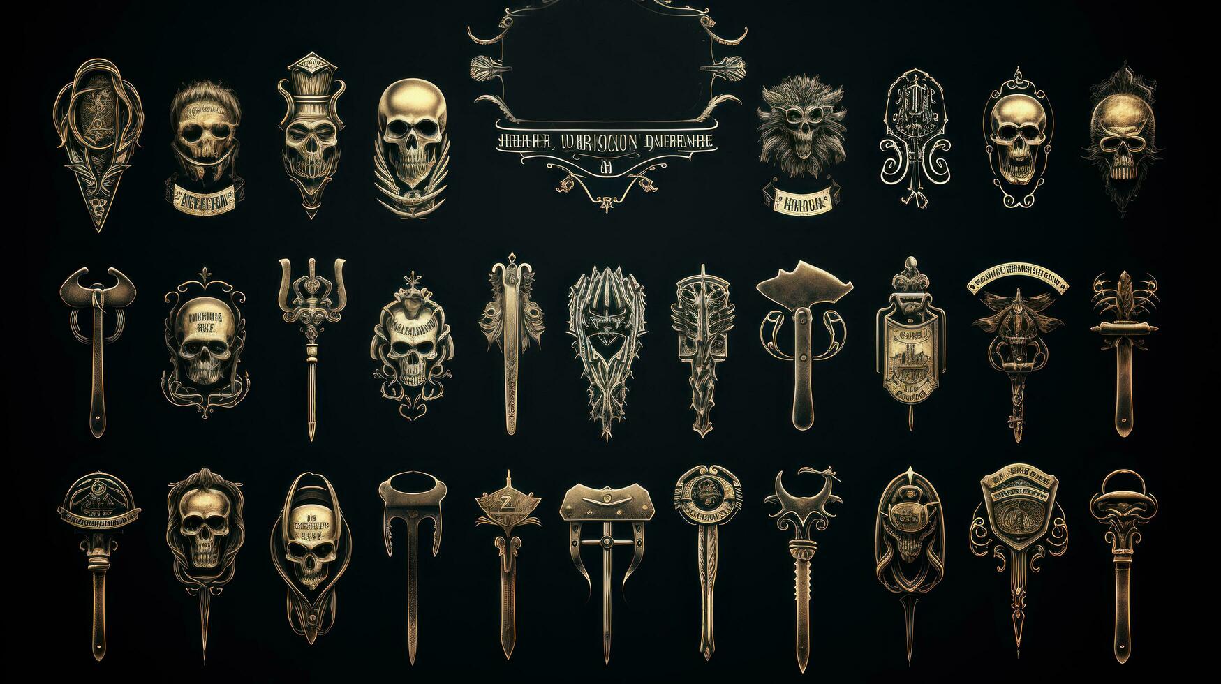 Vintage hand drawn set of vintage keys and skulls isolated on black background. photo