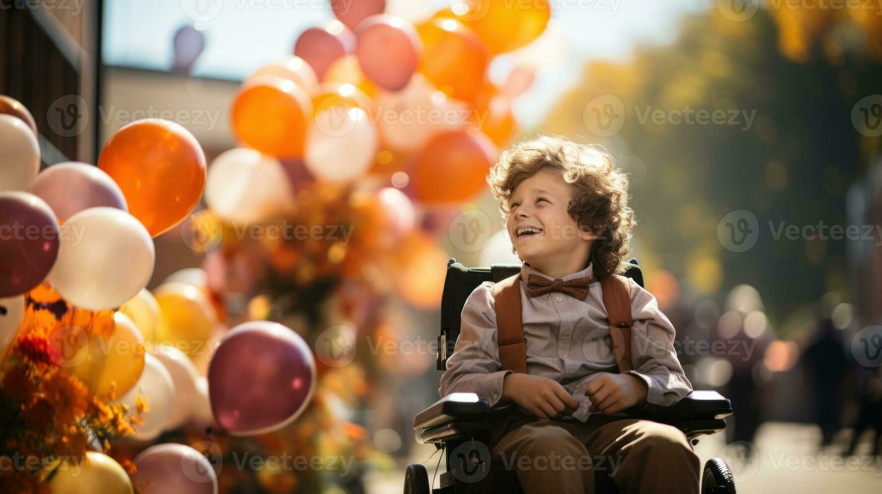 Cute little disabled boy in wheelchair with balloons outdoors on sunny day, closeup photo