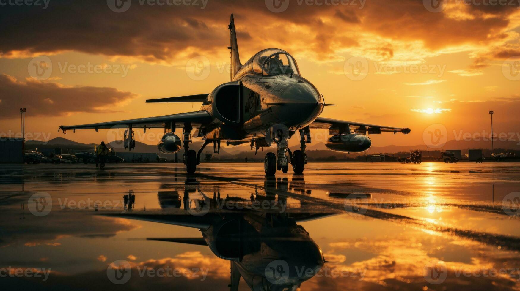 Military jet plane in the airport at sunset time. photo