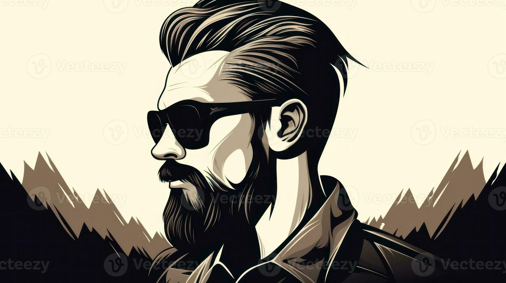 Vector illustration of hipster man with a beard and sunglasses in the mountains. Barbershop logo. photo