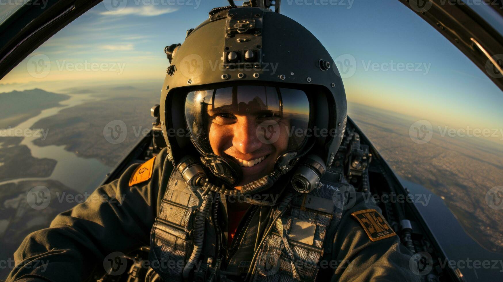 View from the cockpit of a pilot in a winged helmet. photo