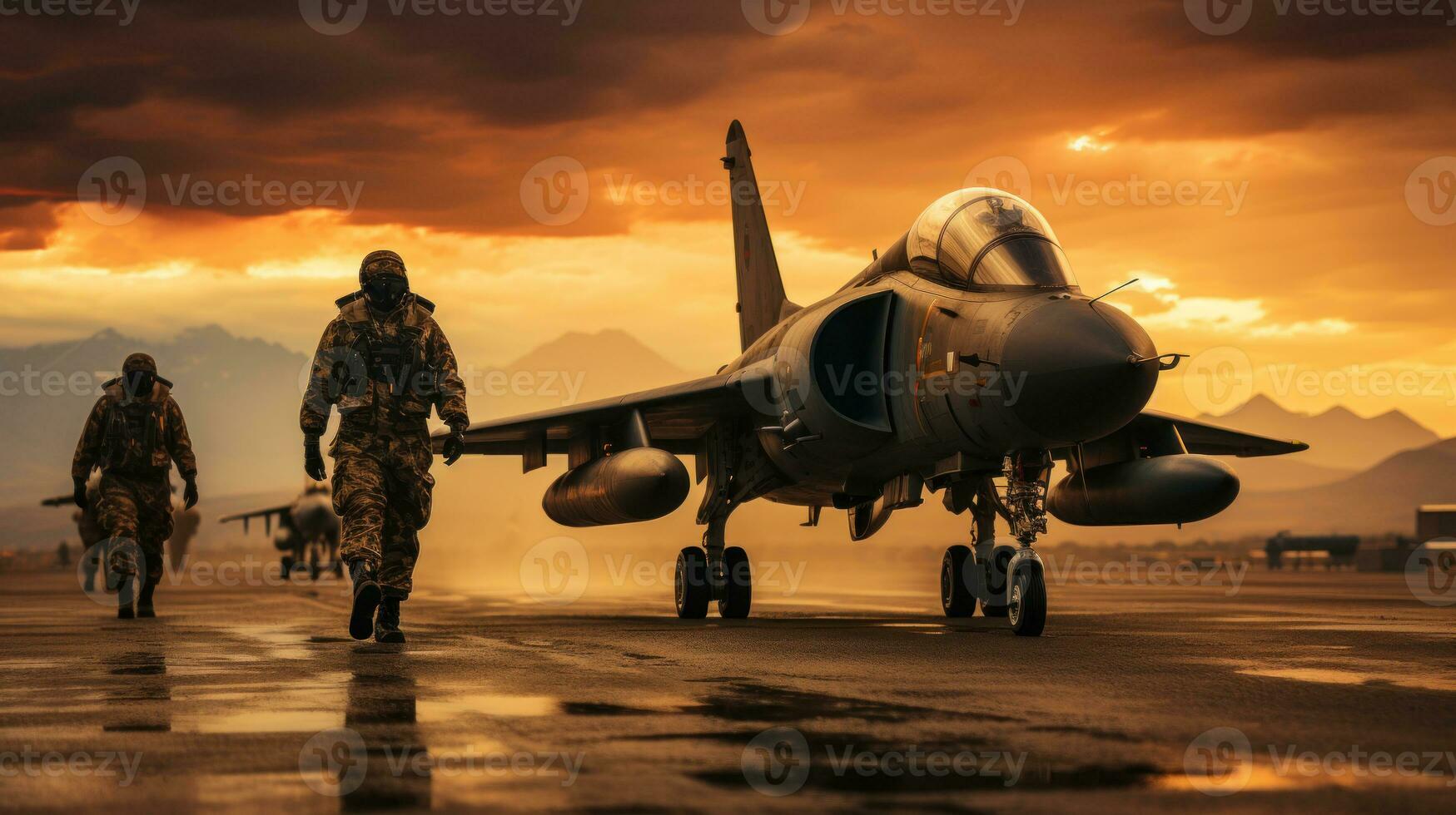 Military aircraft on the runway at sunset. Military air concept. photo