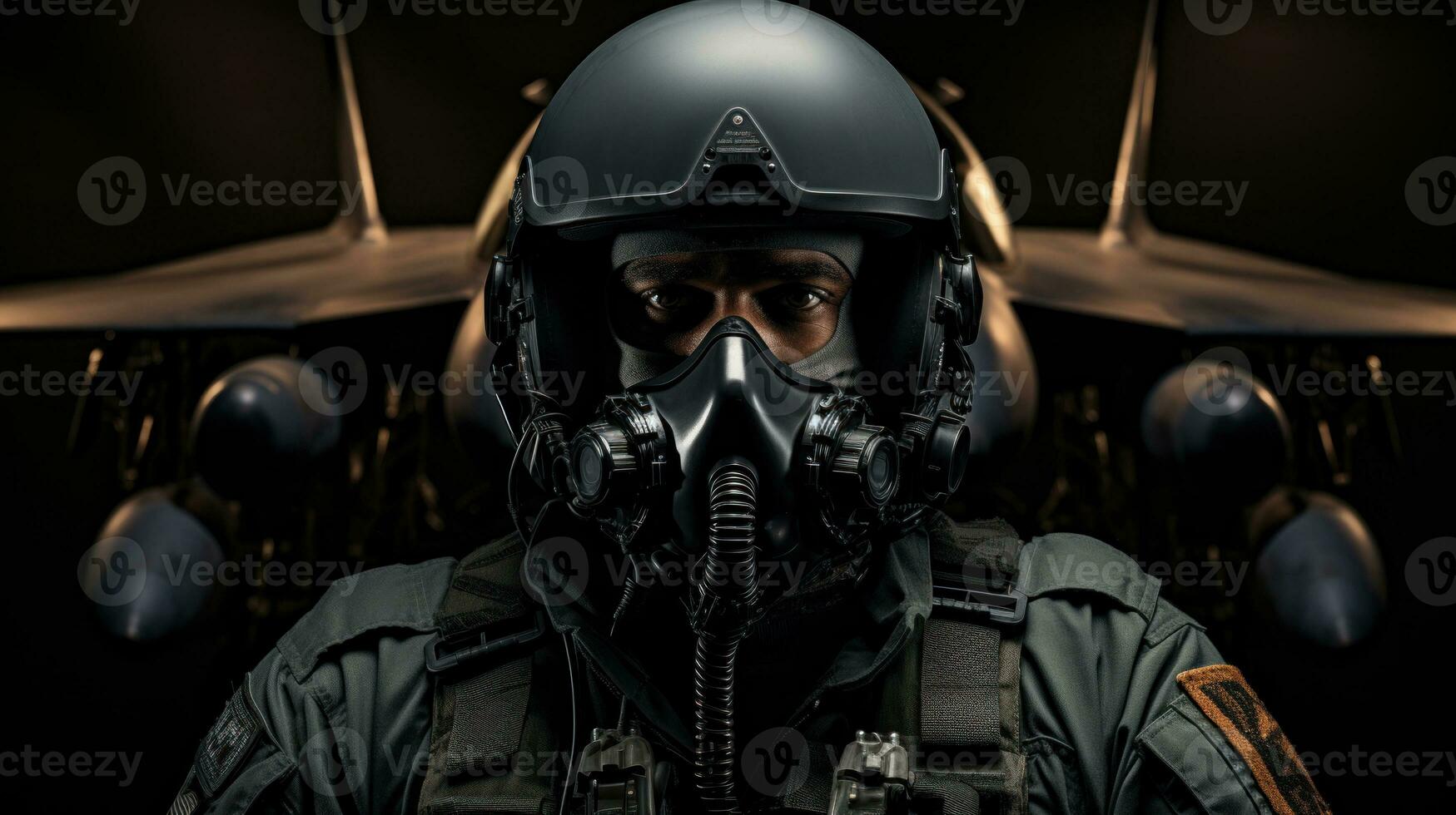 Portrait of a man in a jet suit. Military theme. photo