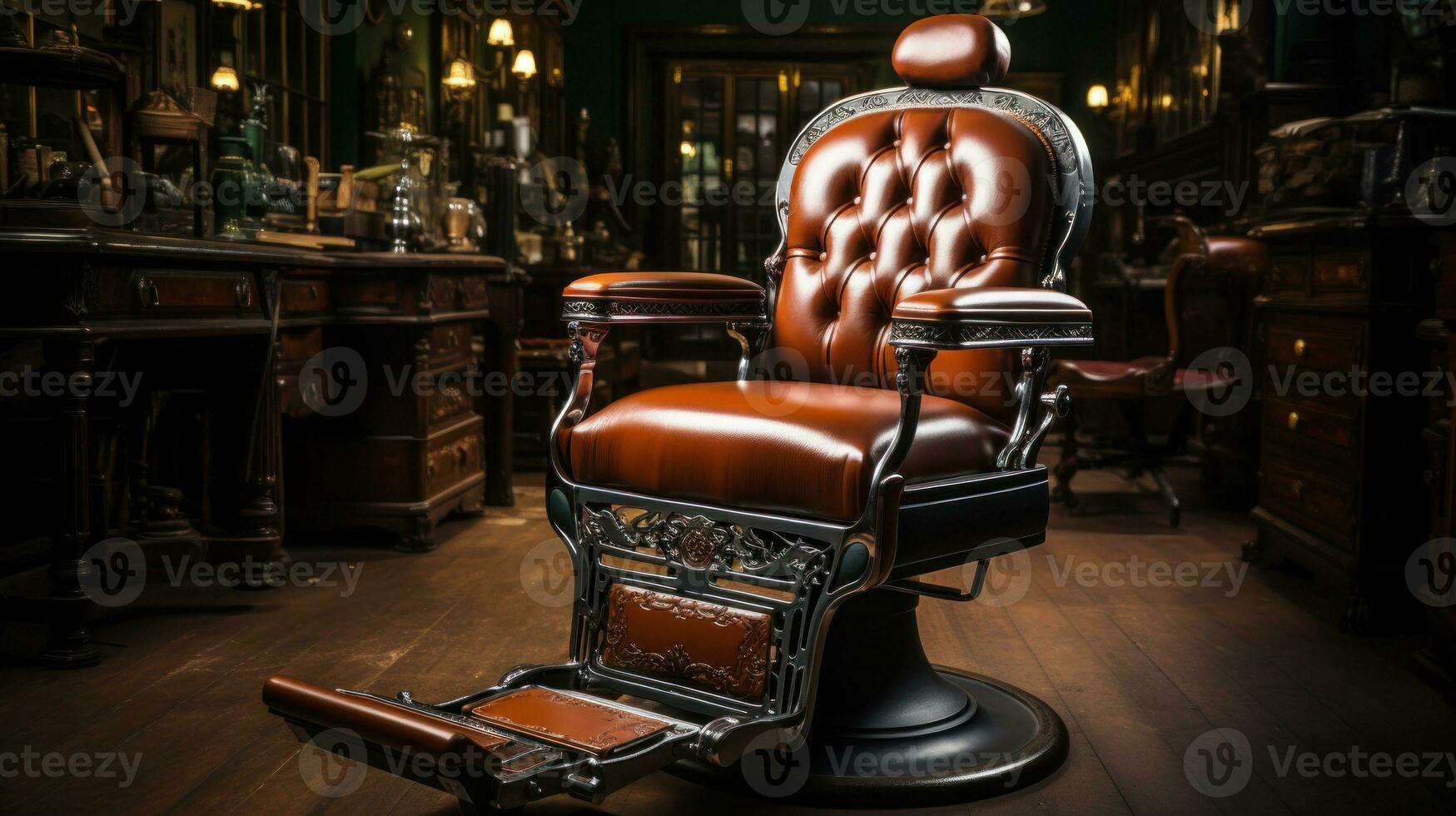 Brown leather barber chair in a barbershop. Luxury barbershop. photo