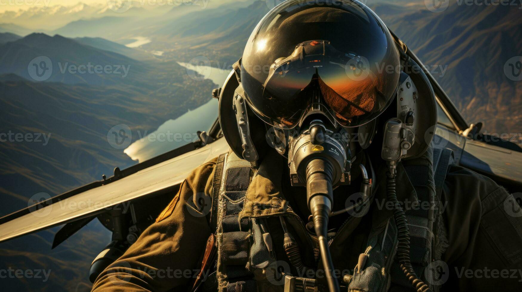 Jet pilot on the background of the sea and mountains. photo