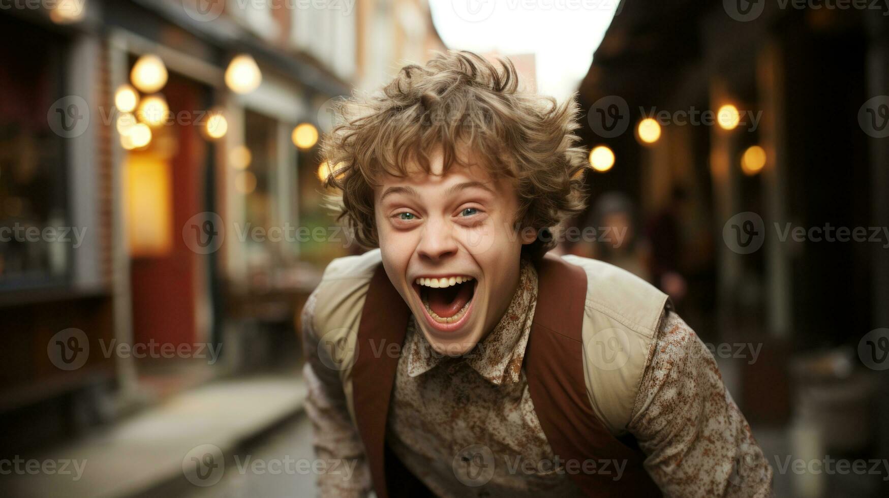 Portrait of a syndrome down young man in the city. He is laughing. photo