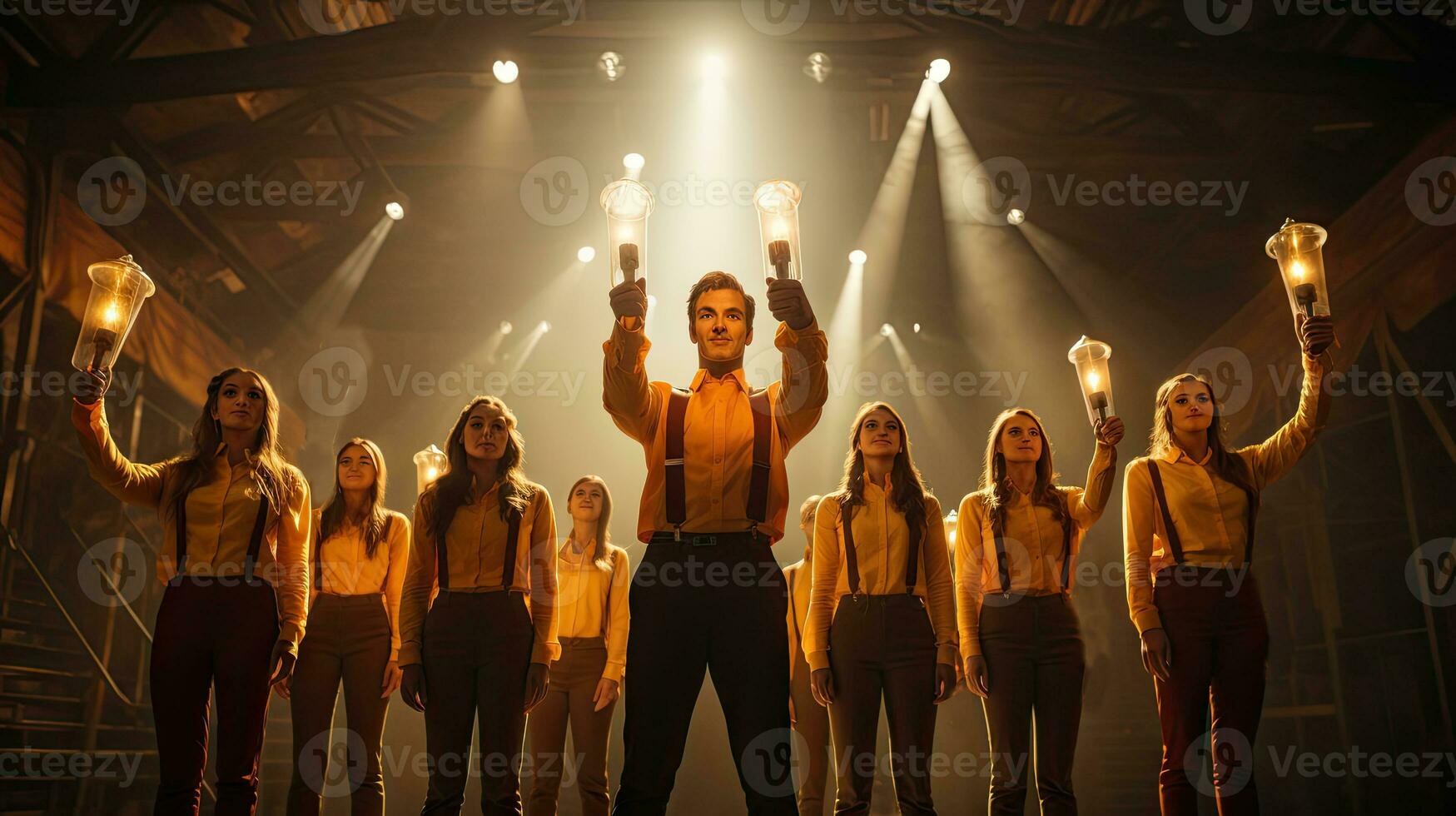 Group of young people performer on circus stage with light bulbs in the dark. photo